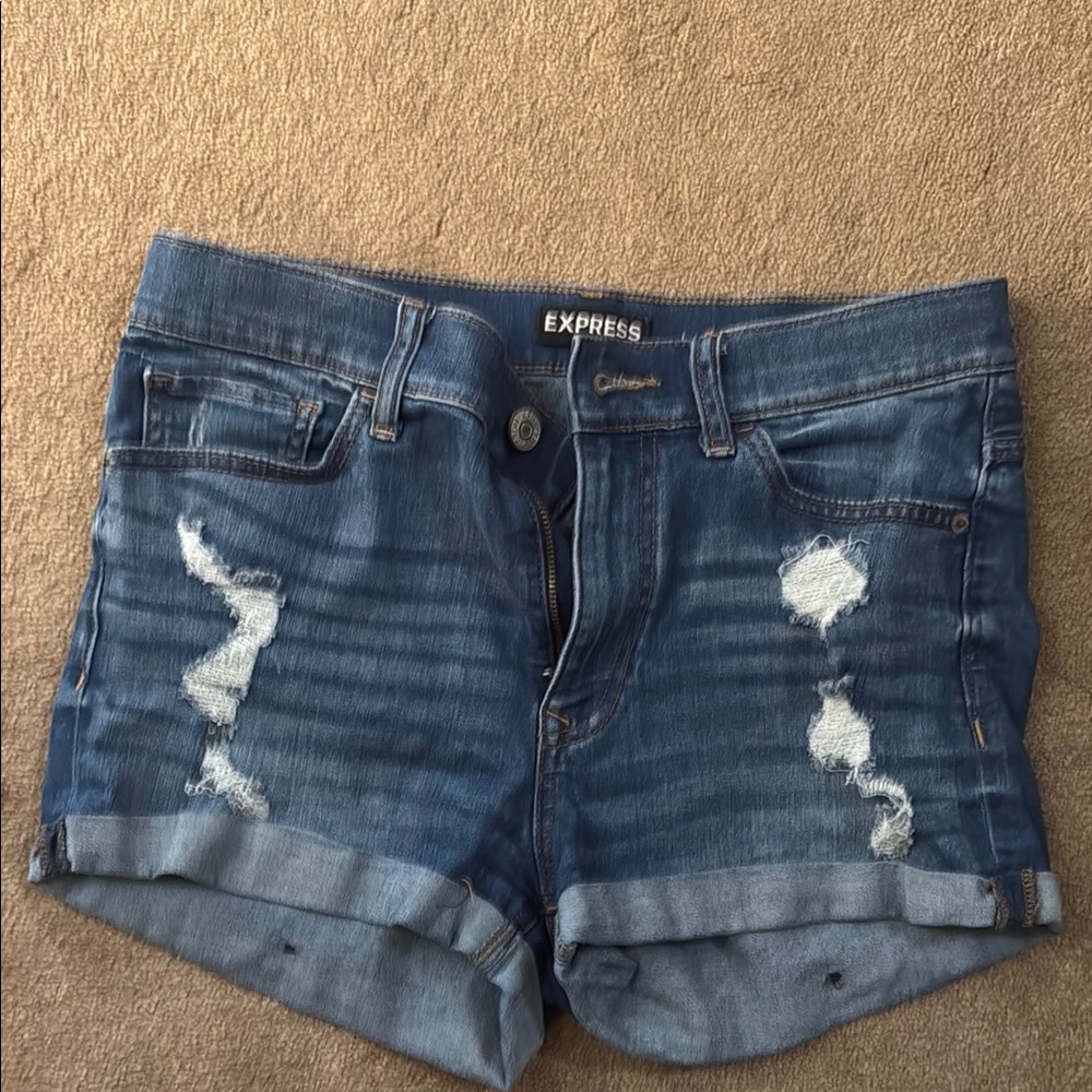 Express Blue Jean Shorts with Distressed Details